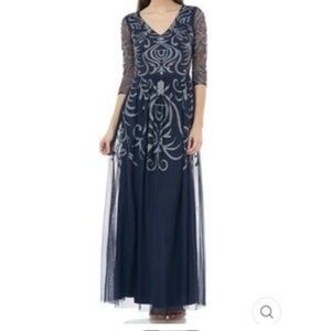 JS Collections V-NECK BEADED EMBROIDERED GOWN Size 2 New With Tag Navy Blue